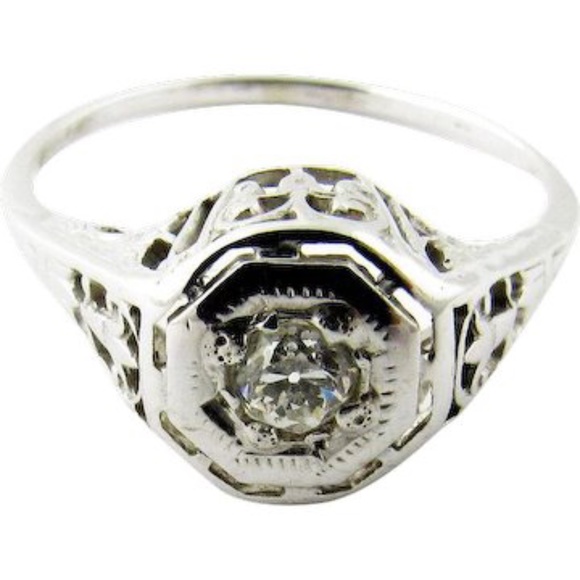 Vintage Art Deco Filagree 18K White Gold .25ct Diamond Solitaire #21 - Picture 1 of 5